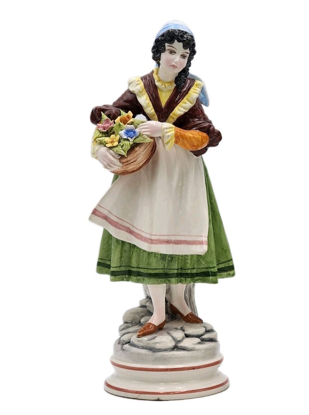 Ethan Allen Capodimonte Style Lady w/ Flower Basket 13.5" Italian Figurine VTG